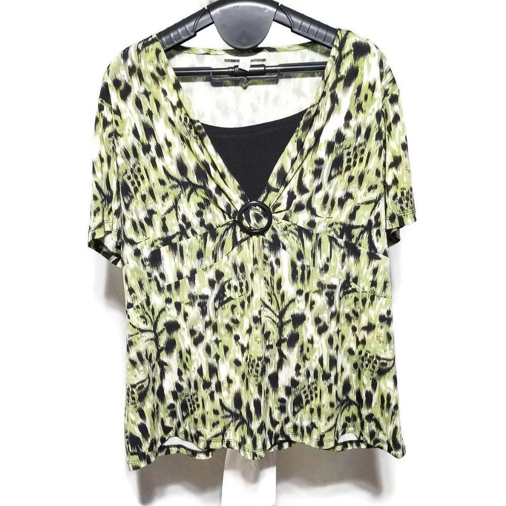 JM Collection Layered Blouse Green Black White EUC